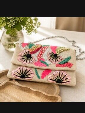 NWT Boho Neon Ebroidered Woven Beige Floral Beaded Clutch Crossbody Chain Strap